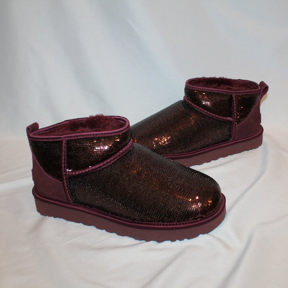 NIB UGG ULTRA MINI BURGUNDY‎ SEQUIN SHEARLING LINED ANKLE BOOTS - Picture 2 of 8